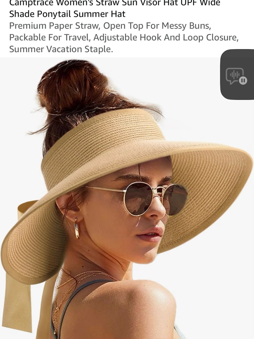 Wide-Brim Straw Sun Visor with Ponytail Slot — Beige
